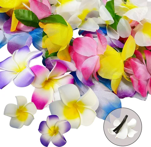 Miniatura 4 de GoodUping 18 unidades de collares hawaianos Leis, pinzas para el pelo con flores, diademas y pulseras, suministros esenciales para fiestas Luau