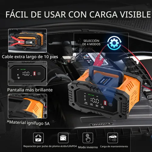 Miniatura 4 de NEXPEAK NC202 Cargador de Batería de 10 Amperios, Cargador de Batería Portátil para Automóvil de 12V 24V LiFePO4 Ácido de Plomo, Cargador por Goteo