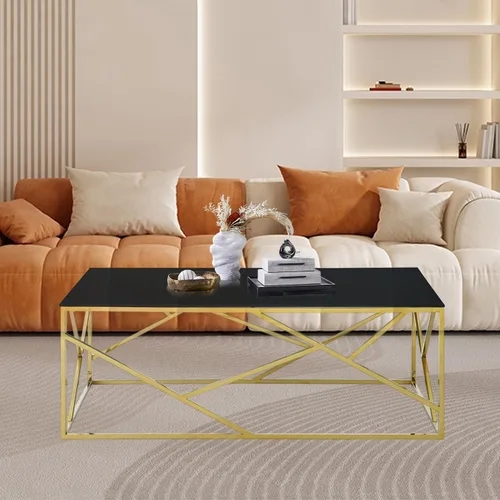 Miniatura 4 de SSLine Mesa de centro de cristal negro con patas de acero inoxidable doradas, mesa de centro rectangular de lujo para sala de estar, moderna