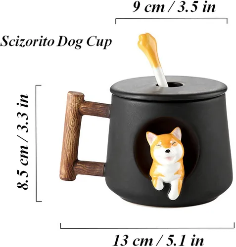 Miniatura 7 de Taza de Pareja de Perros Linda, Taza de Café de Cerámica con Tapa, Patas en la Parte Superior de la Cuchara, Bonito Diseño Tridimensional de Shiba