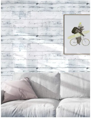 Miniatura 4 de HAOKHOME Papel Tapiz de Madera Despegar y Pegar Shiplap Gris Claro/Blanco/Azul Tablón de Madera Desgastada Removible Forro de Estante Papel