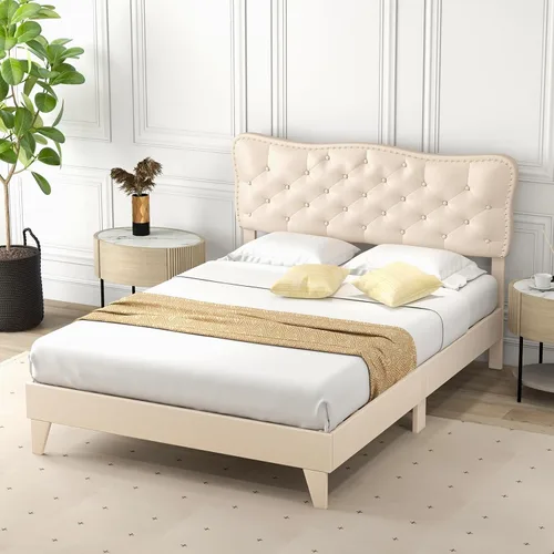 Miniatura 4 de Giantex Base de cama tamaño matrimonial color beige, plataforma tapizada de tela de lino con cabecera de clavos, base de colchón con botones