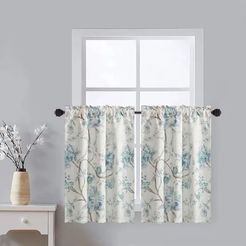 Miniatura 41 de Leeva Cortinas rústicas de cocina con estampado floral verde mezclado de lino para media ventana, para comedor, bolsillo para barra, cafetería