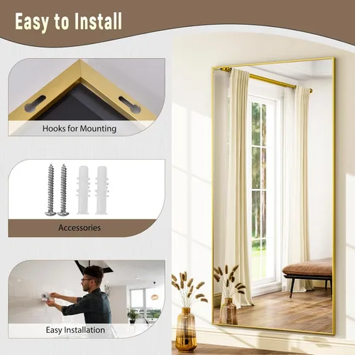 Miniatura 7 de GLSLAND Espejo de cuerpo completo de 64 x 21 pulgadas, espejo rectangular independiente, para colgar o inclinar, de aleación de aluminio, para Negro
