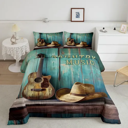 Miniatura 11 de Castle Fairy Juego de edredón de botas de vaquero, tamaño individual, juego de ropa de cama bohemio con guitarra musical para niños y niños