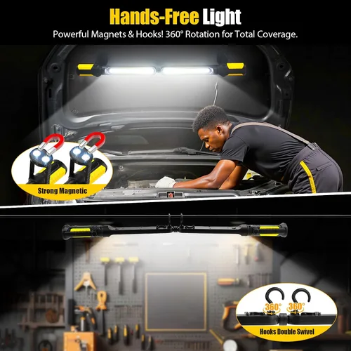 Miniatura 5 de SYLSTAR Luz de trabajo para mecánico, LED de 2400 lúmenes, 4400 mAh recargable, magnética, luz de trabajo debajo del capó con ganchos