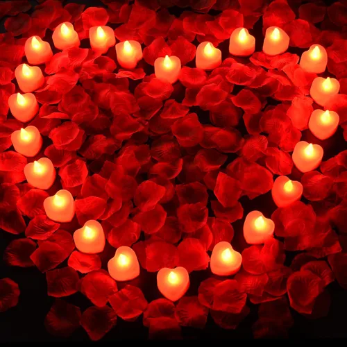 KOABY - 2000 pétalos de rosa artificiales rojos con kit de 24 luces LED rojas en forma de té, para decoración 2000 pétalos rojos + 24 velas rojas