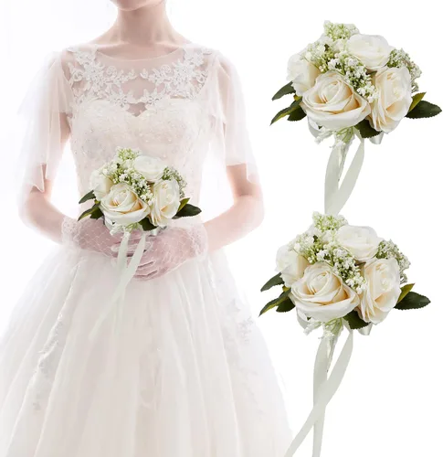 Miniatura 11 de Ramos de boda de rosas blancas para novia y dama de honor, tela de alta calidad, arreglos florales de eucalipto para boda, adecuados para despedida