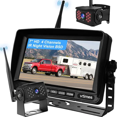 VTimes Cámara de respaldo inalámbrica para camiones, cámara de respaldo RV con monitor HD de 7 pulgadas, pantalla dividida de 4 canales, alerta BSD,