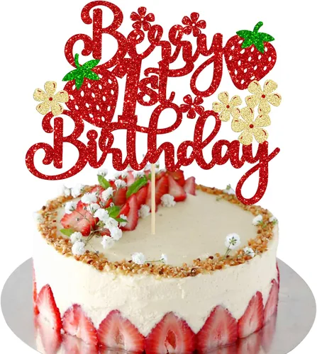 Miniatura 11 de 1 paquete de decoración de pastel de fresa con purpurina para temática de frutas, baby shower, fiesta de cumpleaños de niños, suministros