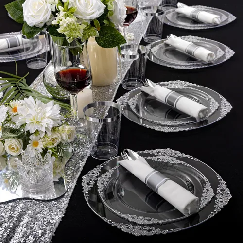 Miniatura 5 de Morejoy 350 platos de plástico plateado transparente, los juegos de platos desechables plateados incluyen 50 platos llanos, 50 platos de ensalada