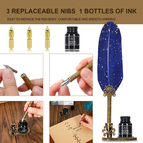 Miniatura 6 de NC Juego de bolígrafos de caligrafía de plumas, regalo ideal para vacaciones, cumpleaños y ocasiones especiales (azul)