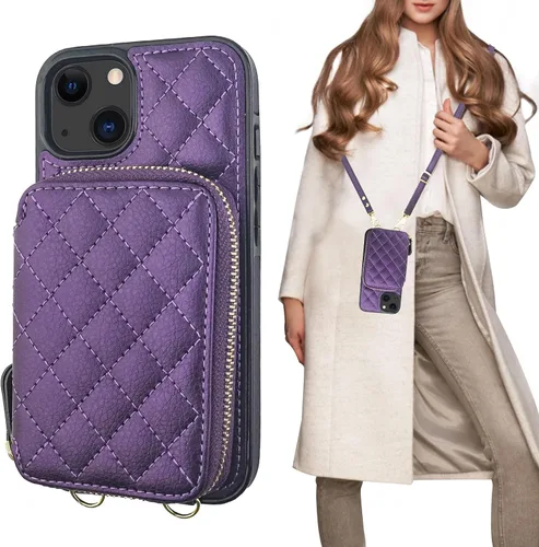 Miniatura 12 de Bocasal Funda tipo cartera con bandolera para iPhone 13, de cuero PU con bloqueo RFID, con cierre de cremallera, cartera tipo bolso con función Gris