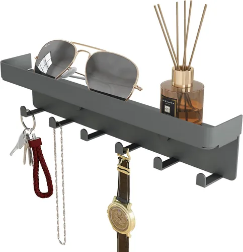 Miniatura 9 de Soporte para llaves de pared, organizador rústico de llaves y correo, 6 ganchos para llaves con estante, pequeño estante para llaves con bandeja
