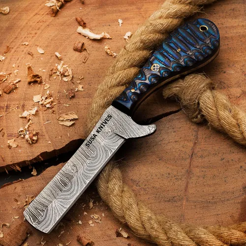 Miniatura 9 de Cuchillo Cortador de Toro de Acero Damasco Hecho a Mano, Cuchillo de Hoja Fija Vaquero, Mango de Madera, Cuchillo EDC Funda de Cuero PANCAKE Regalo