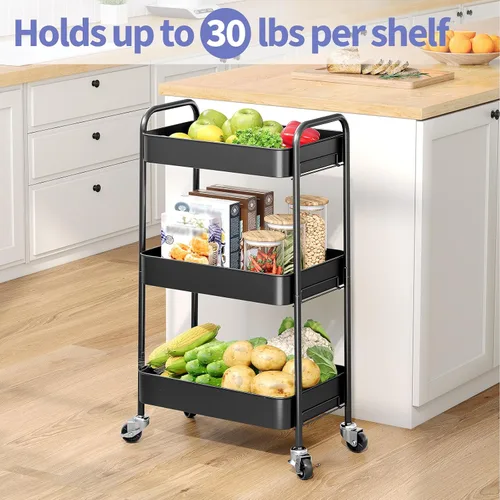 Miniatura 2 de TOOLF Carrito de metal de 3 niveles con ruedas, carrito organizador de almacenamiento para cocina, baño, oficina, artículos esenciales para bebés