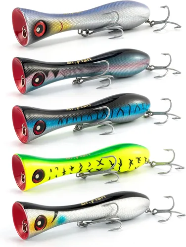 Miniatura 11 de Dr.Fish Topwater Popper Señuelos de pesca de agua salada, 8 pulgadas GT Popper VMC anzuelos agudos señuelos de pesca de surf para Striper Atún