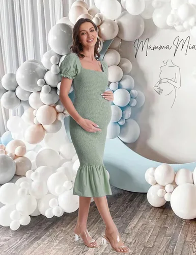 Miniatura 5 de Vestido de maternidad de verano a media pierna, manga corta abombada, cuello cuadrado, dobladillo con volantes, vestido de sirena para baby shower