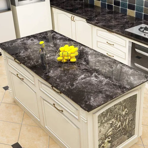 Miniatura 4 de Papel adhesivo de vinilo modelo Piedra arenisca granito, con aspecto de mármol, color negro, brillante, para decoración de pared, calcomanía, papel
