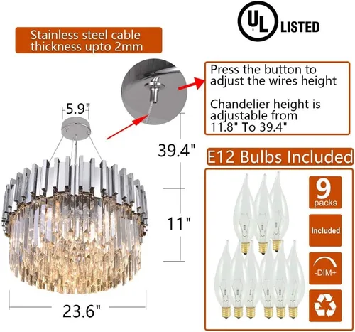 Miniatura 4 de Lámpara de araña de cristal moderna, luces colgantes cromadas, lámparas de techo con pantalla de acero inoxidable, para isla, comedor, sala