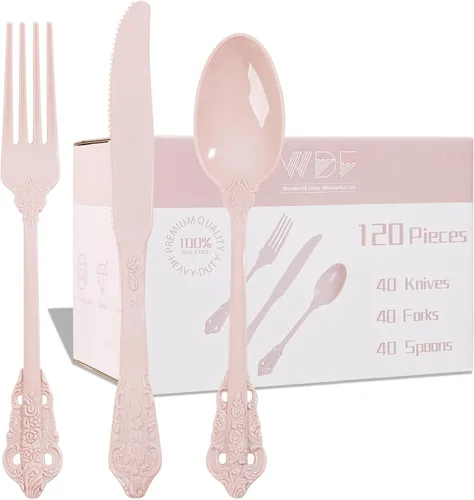 Miniatura 14 de WDF 160 piezas de cubiertos de plástico dorado - Cubiertos de oro resistentes Incluye 80 tenedores, 40 cucharas, 40 cuchillos, utensilios