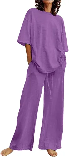 Miniatura 35 de Conjuntos de verano de 2 piezas para mujer, conjuntos elegantes y casuales de color liso, para verano, otoño, cuello redondo, tops y pantalones