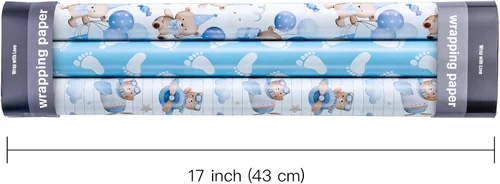 Miniatura 3 de WRAPAHOLIC Papel de regalo de oso para baby shower, mini rollo, 3 rollos, 17 x 120 pulgadas, diseño de oso de aventura en avión y fiesta para baby