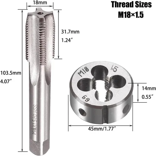 Miniatura 4 de M18 X 1.5 Métrico Grifo y Troquel Set M18 X 0.059 in HSS Recto Estriado Máquina Rosca Mano Derecha Tornillo Macho y Troquel de Roscado Redondo