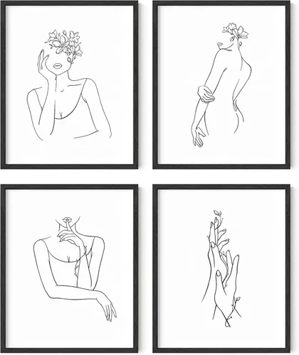 HAUS AND HUES Arte de línea minimalista - Juego de 4 decoración de pared con impresión minimalista, póster femenino grande, dibujo de líneas, arte