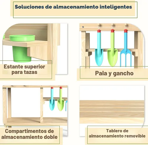 Miniatura 7 de Cocina de Juego Exterior de Madera de Cedro para Niños, Cocina de Barro con Grifo de Agua, Pizarra de Doble Cara, Estantes de Almacenamiento, Vasos