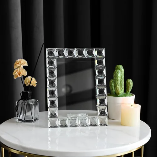 Miniatura 8 de Marco de fotos de cristal de lujo, diseño de cuadrícula de diamante, marco de fotos de recuerdo de boda, marco de decoración de mesa, transparente