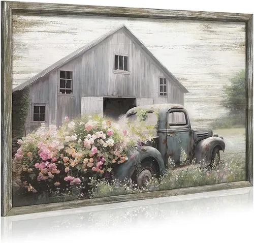 Miniatura 7 de Arte de pared de madera enmarcada de granja: arte de camión viejo rústico pintura de madera de granero para dormitorio