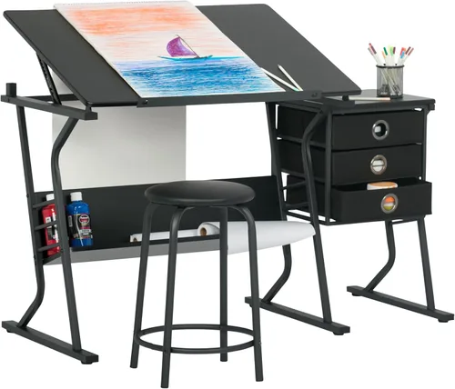 Miniatura 7 de Eclipse Ultra - Mesa de dibujo con taburete, parte superior ajustable en ángulo, estantes de almacenamiento y cajones de 2 piezas