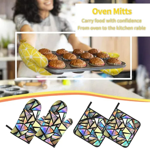 Miniatura 7 de Juego de 4 manoplas de horno y agarraderas de triángulos iridiscentes brillantes, guantes resistentes al calor para cocina, hornear, asar a