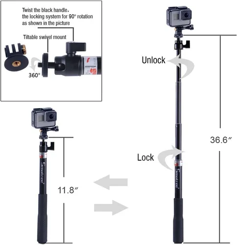 Miniatura 2 de Smatree 36.6 pulgadas extensible de aluminio selfie palo/monopie compatible para DJI OSMO 360/Osmo Action 6/Insta360 X5/Ace, para Gopro Max 2/Lit