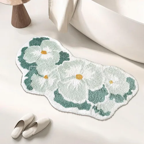 Miniatura 4 de Alfombra de baño curvada en forma de flor verde, de 40 x 19 pulgadas, antideslizante, absorbente de agua, bonita alfombra floral para tina, alfombra