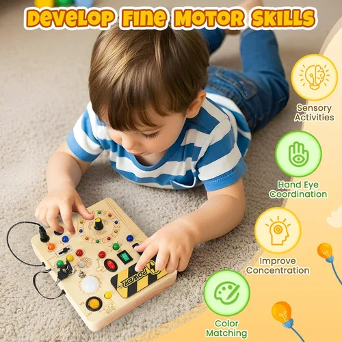Miniatura 3 de Tablero de actividades, juguetes Montessori para niños de 1 año o más, tablero de actividades con 13 luces LED, juguete educativo de viaje de madera