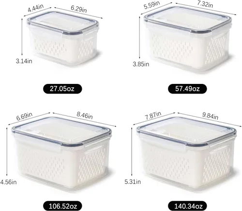 Miniatura 4 de Paquete de 4 recipientes de almacenamiento de alimentos frescos, caja ahorradora de productos de gran capacidad con cestas de drenaje y tapa