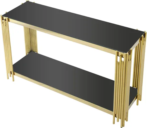 Miniatura 4 de Mesa consola moderna de cristal, mesa de sofá dorada de 55 pulgadas con marco de metal resistente y parte superior de vidrio templado negro