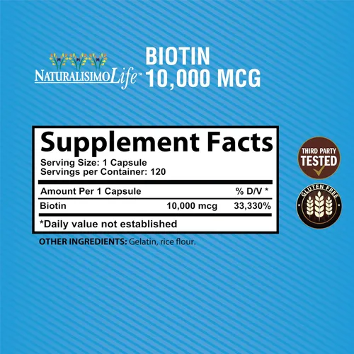 Miniatura 2 de Biotina 10,000 mcg de alta potencia - Cabello natural, piel, uñas y metabolismo 120 cápsulas