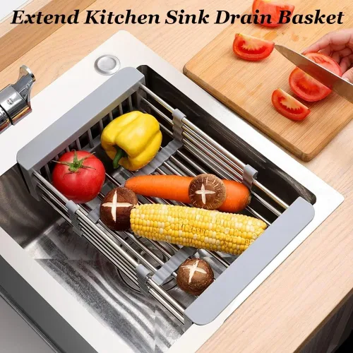Miniatura 2 de Extend - Cesta de drenaje para fregadero de cocina, estante retráctil de acero inoxidable con pluma ajustable, cesta extensora multifuncional