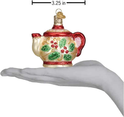 Miniatura 5 de Old World Christmas Adornos: Regalos de café y té Adornos soplados de vidrio para árbol de Navidad, tetera de acebo 3 X 3.25 X 2.25