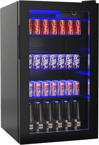 ARLIME Mini nevera, enfriador de bebidas, 120 latas, refrigerador de bebidas con puerta de vidrio, estantes extraíbles para vino de cerveza de soda,