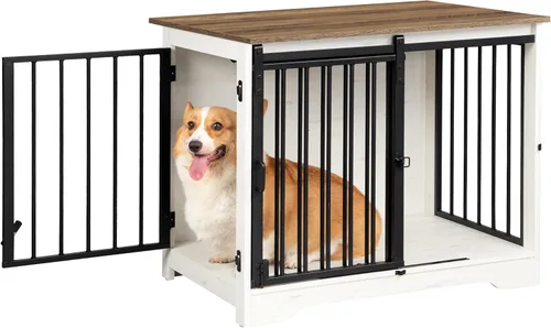 Miniatura 9 de Hzuaneri Mueble de jaula para perros de 31.9 pulgadas con puerta de granero, perrera resistente para interiores con 2 puertas, mesa auxiliar