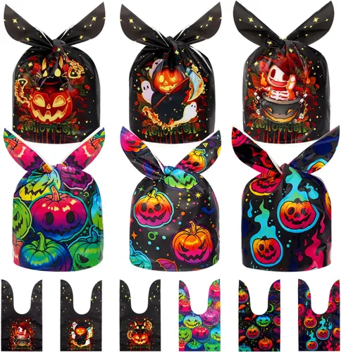Miniatura 9 de Weenkilly 100 Bolsas de Golosinas de Halloween, 4 Estilos de Bolsas de Dulces para Niños, Linda Bolsa de Golosinas con Orejas de Conejo de Plástico