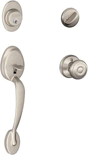 Schlage F60 PLY 619 GEO - Set de manija de cilindro simple Plymouth y pomo Georgian, níquel satinado