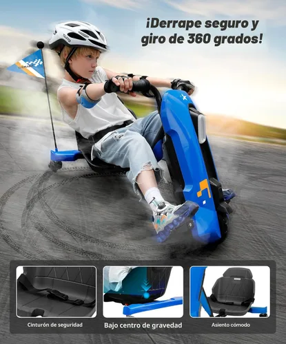 Miniatura 4 de ELEMARA Kart de deriva con velocidad sin escalones, carritos de deriva de 12V para niños con asiento ajustable, kart para niños de 5 MPH con música