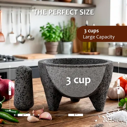 Miniatura 3 de Molcajete de 7 pulgadas mexicano, hecho a mano con piedra volcánica natural, utensilio de cocina artesanal para moler con poros para triturar