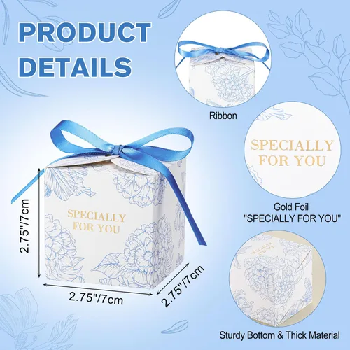 Miniatura 2 de Yoption 50 cajas de recuerdos de fiesta de hortensias, 2.75 x 2.75 x 2.75 pulgadas, cajas de dulces azules con cintas para decoración de bodas
