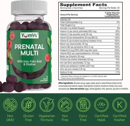 Miniatura 3 de YumVs - Gomitas prenatales para mujer, vitaminas prenatales para mujeres con ácido fólico, hierro y colina, vitaminas vegetarianas y kosher